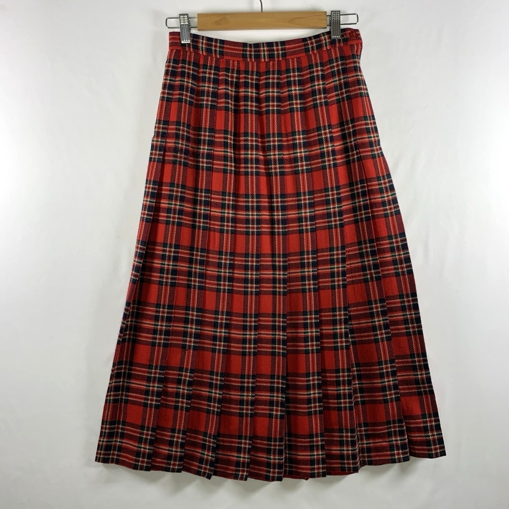 VTG Old Money Tartan Plaid Wool Pleated Midi Skirt Size XS Academia Holiday USA
